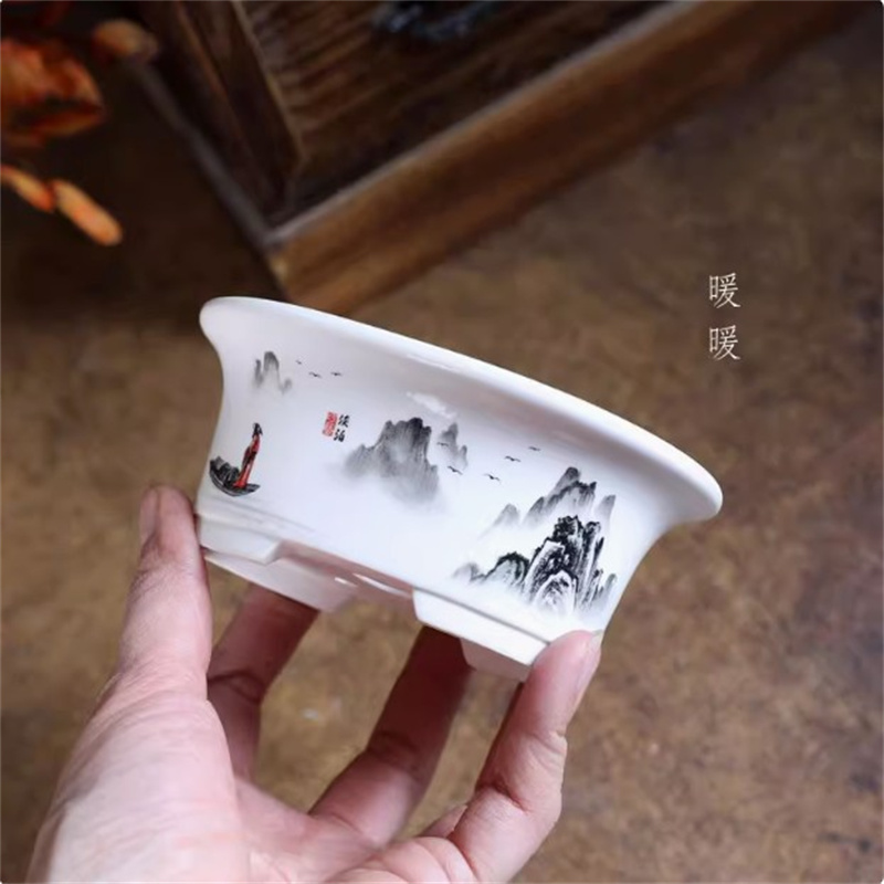 Bonsai Garden Table - وعاء بونساي بيضاوي أبيض من البورسلين،